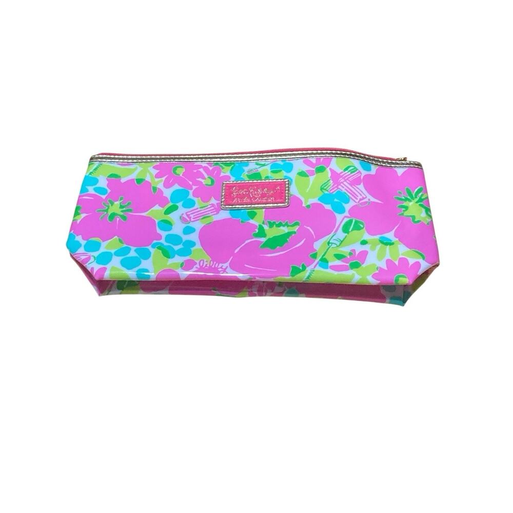 Lilly Pulitzer Estee Lauder PVC Floral Cosmetic Makeup Bag‎ Bright Pink Green